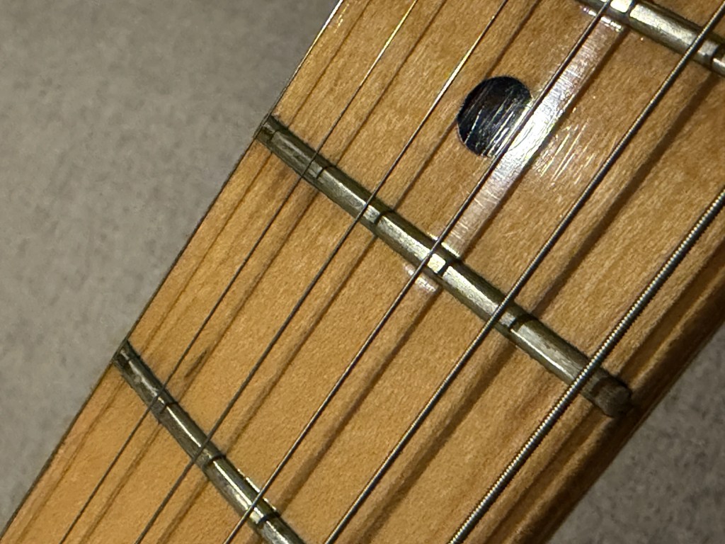 Close-up view of a guitar fretboard showcasing frets, strings, and inlays.